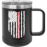 Rogue River Tactical Thin Red Line Flag Firefighter Stainless Steel 15oz Coffee Mug Tumbler With Lid Novelty Cup Great Gift Idea For Fire Fighter Deprtment
