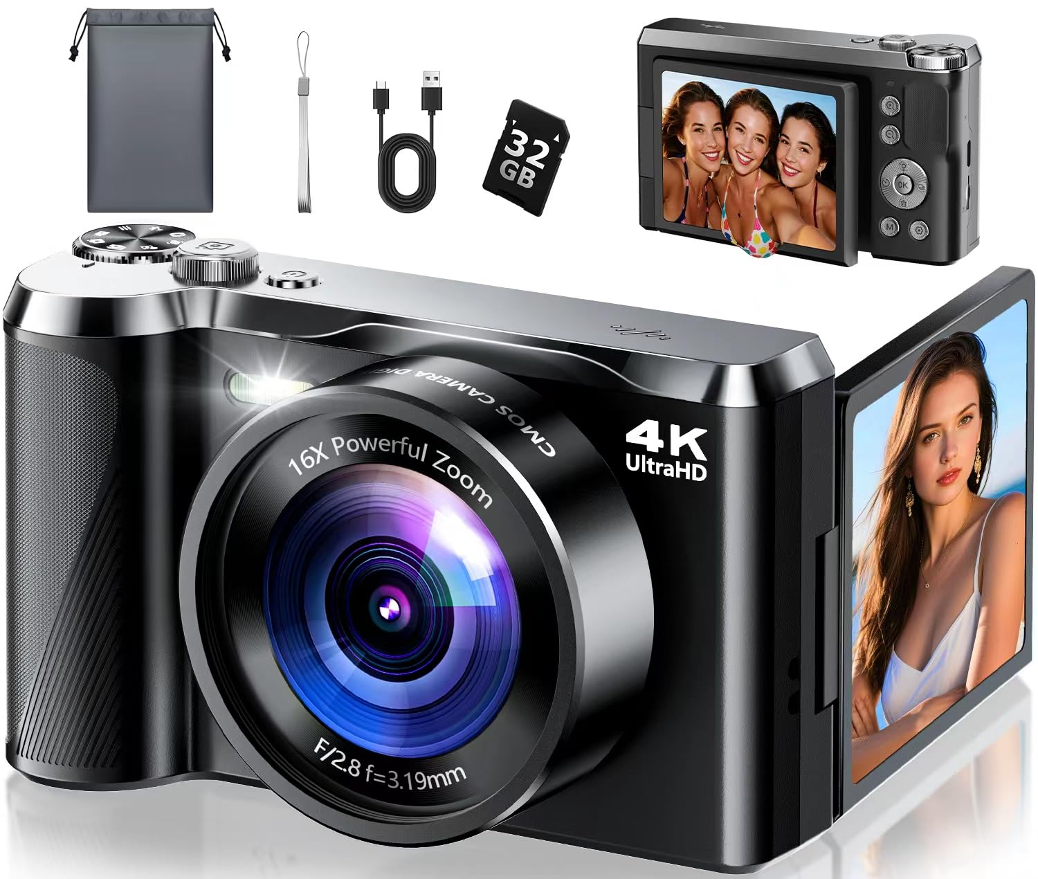 Photo 1 of 4K Digital Camera for Photography- 56MP Autofocus Vlogging Camera with 3" 180° Flip Screen, 16X Zoom, Flash- Digital Point and Shoot Camera for Travel & Home- Portable Gift for Teens & Beginners