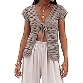 Saodimallsu Womens Tie Crochet Shrug Short Sleeve Open Front Lightweight Knit Cropped Cardigan Sweaters Cover Up
