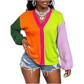OYOANGLE Women's Color Block Button Open Front V Neck Knit Cardigan Sweater Pockets Long Sleeve Sweater
