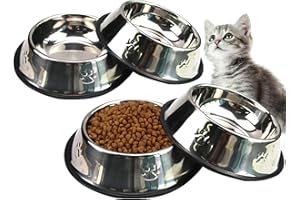 Fhiny 4PCS Stainless Steel Cat Bowls, Non-Slip Cats Water Dish with Rubber Base Stackable Pet Feeding Bowl Durable Multifunctional Replacement Whisker Fatigue Relief Plate for Kitten Puppy Small Dog