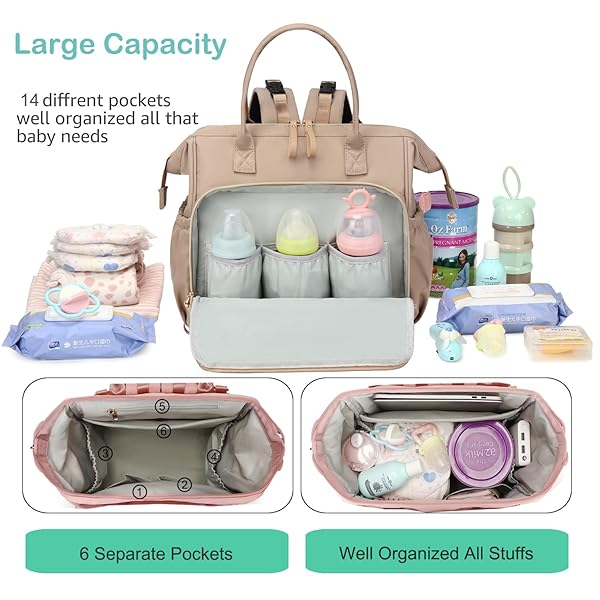 LORADI LARGE DIAPER BAG TOTE, 14 POCKETS STYLISH BABY BAG WITH STROLLER CLIPS AND 3 INSULATED POCKETS, BABY SHOWER ESSENTIALS(MOCHA MOUSSE, LARGE)