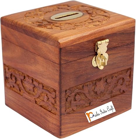 Amazon Co Jp Prishaインドクラフト手作り木製お金ボックスセーフ貯金箱男の子と女の子 木製のお金銀行コインホルダークリスマスギフトアイテム4 X 4 X 4インチ 正方形形状 おもちゃ