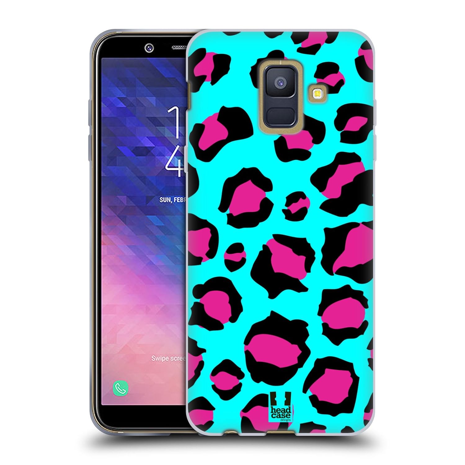 Samsung Galaxy A6 blue and bright pink leopard case cover