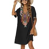 Grosy Women's Embroidered Mexican Peasant Dresses, Plus Size Fiesta Boho Dress for Women, Traditional Floral Bohemian Tunic