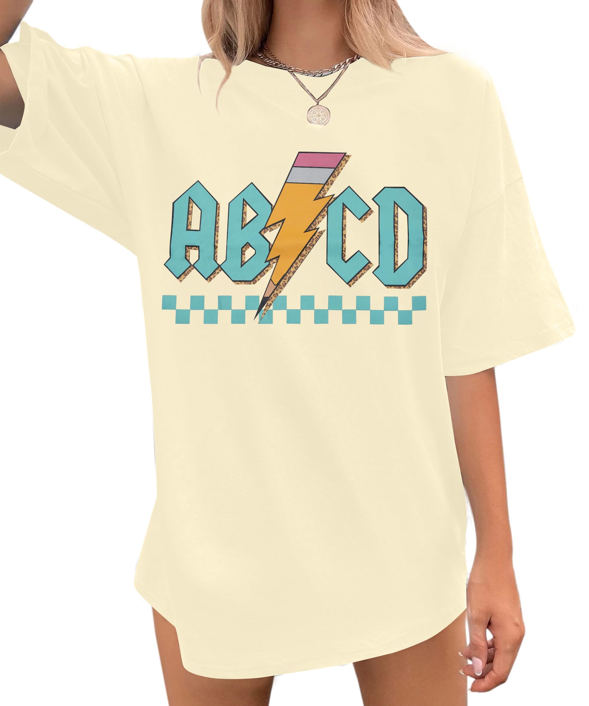 Photo 1 of XL MAXIMGR Teacher Shirts Women Funny Rock'n Roll Teacher Shirt Teacher Life Shirts ABCD Pencil Graphic Short Sleeve Tee Top Apricot