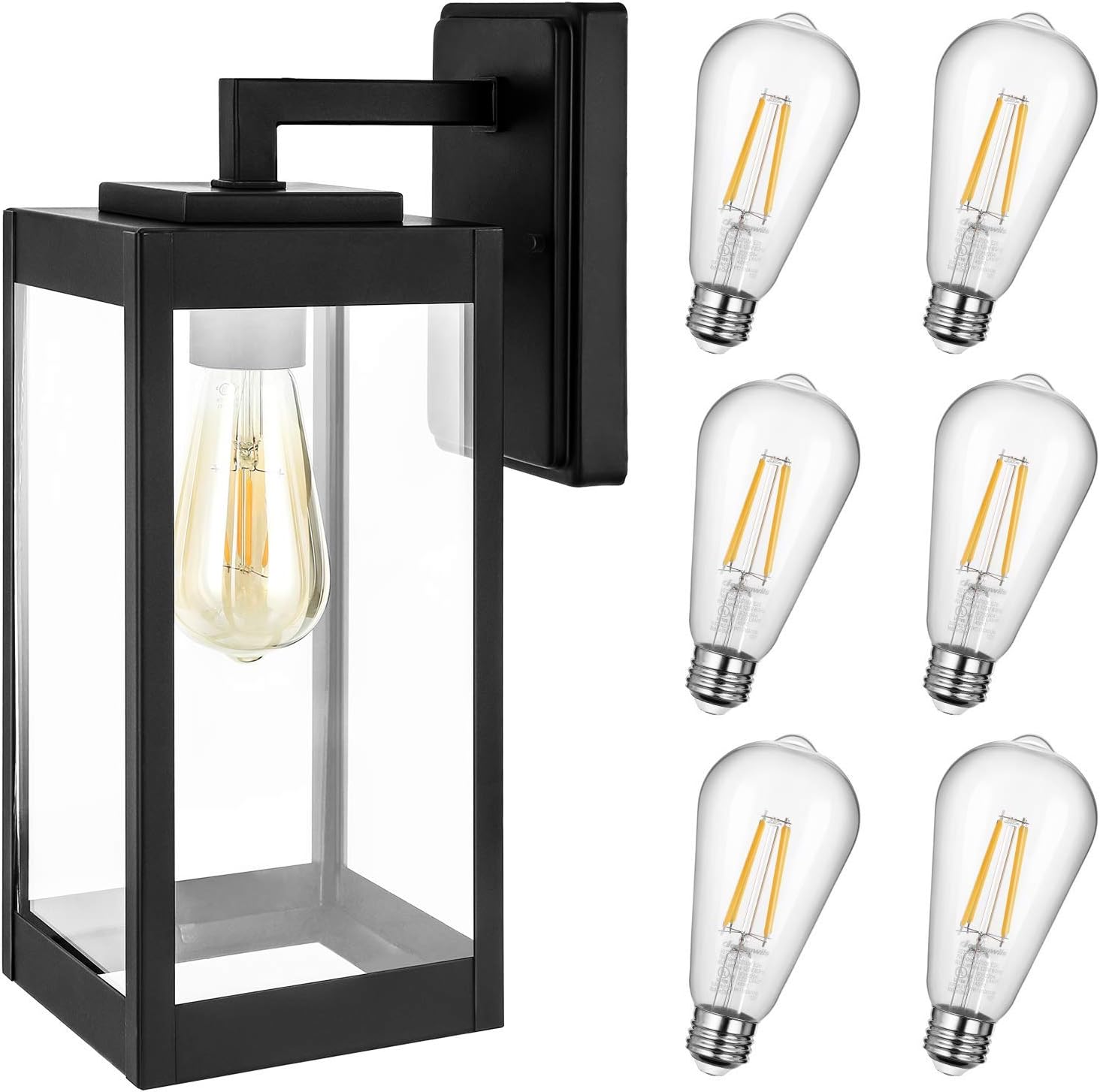 DEWENWILS Outdoor Wall Light with Clear Glass + 6 Pack Dimmable LED Edison Bulbs