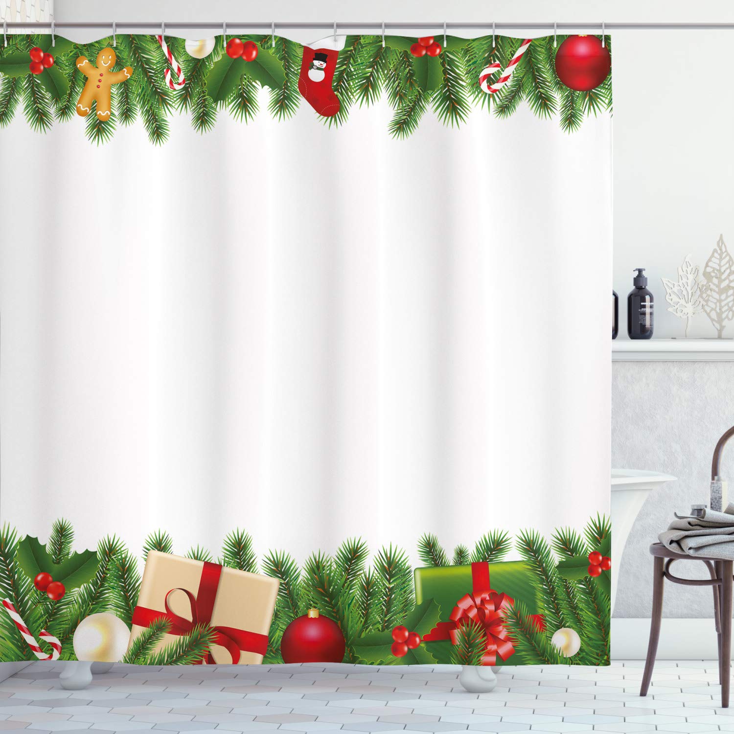 ABAKUHAUS Christmas Shower Curtain, Celebration Borders Fir Tree Classic Garland Gingerbread Man Lollipops Presents, Cloth Fabric Bathroom Decor Set with Hooks, 70 Inches, Multicolor