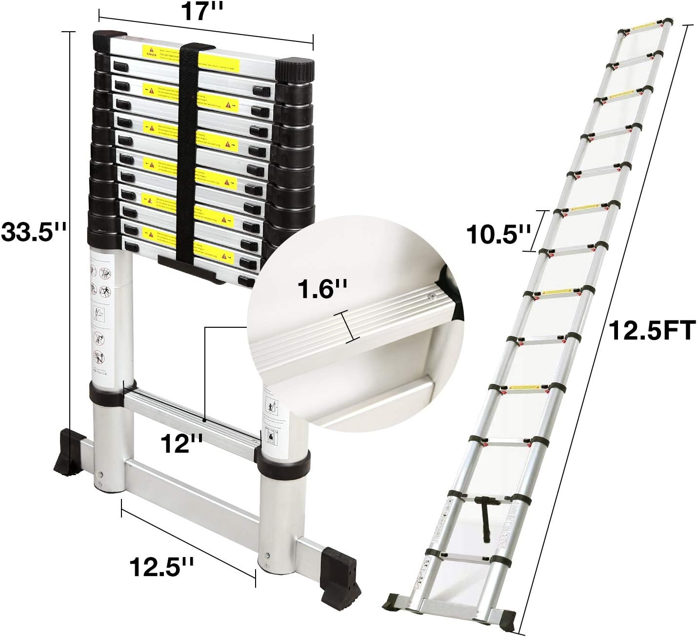 REDCAMP Aluminum Telescoping Ladder 12.5ft with Stabilizer Bar, Folding Telescopic Extension Ladder for RV Home Outdoor Use, Hold 350lbs Capacity - - 