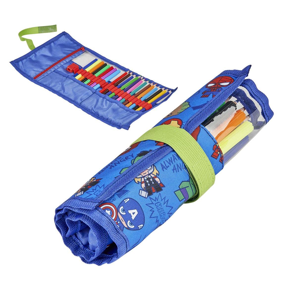 CERDÁ LIFE'S LITTLE MOMENTS,The Avengers Children's Rollable School Case,Includes Colored Pencils, Markers, Rubber and Pencil Sharpener for Preschool and Elementary, Blue, School case 2 compartments