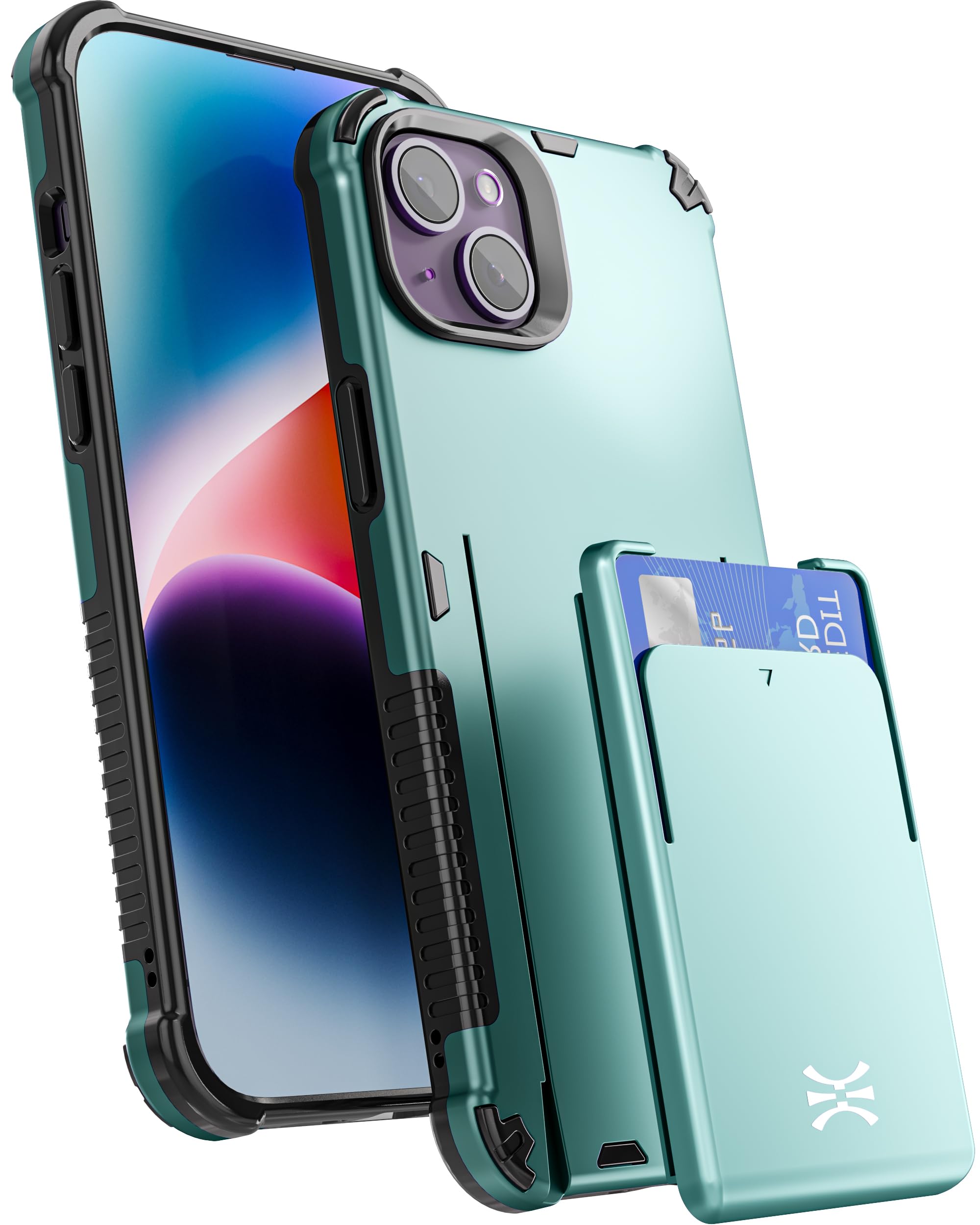 TORU CX PRO for iPhone 14 Slim Hard Wallet Case | Detachable Sliding Card Holder for 3 Cards | Dual Layer Protective Shockproof Cover for Wireless Charging - Green