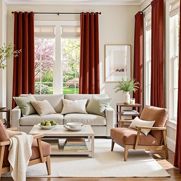 LAZZZY ORANGE VELVET EXTRA LONG CURTAINS BLACKOUT THERMAL INSULATED 108 INCH LENGTH WINDOW DRAPES FOR BEDROOM LIVING ROOM SUPER SOFT LUXURY GROMMET WINDOW TREATMENT 2 PANELS, RUST RED