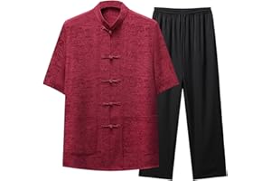 Cambkatl Men's Kung Fu Uniform Chinese Traditional Mandarin Collar Tang Suit Short Sleeve Tai Chi Shirts 2 Piece Outfits