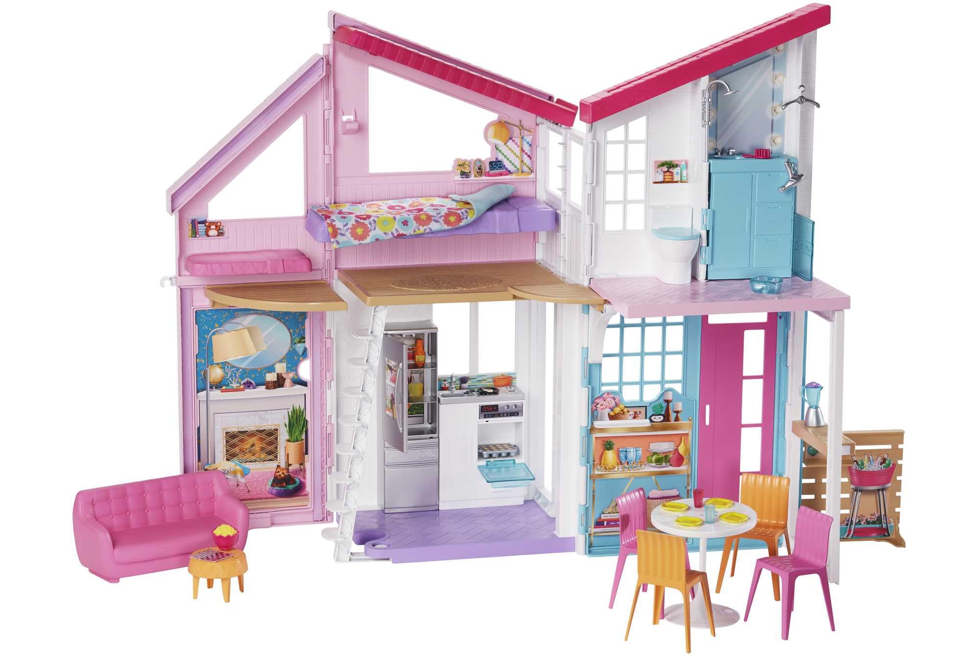 Barbie Malibu House 2-Story, 6-Room Dollhouse with Transformation Features, Plus 25+ Pieces Including Furniture, Patio Fence and Accessories, for Kids 3 Years Old and Up, FXG57