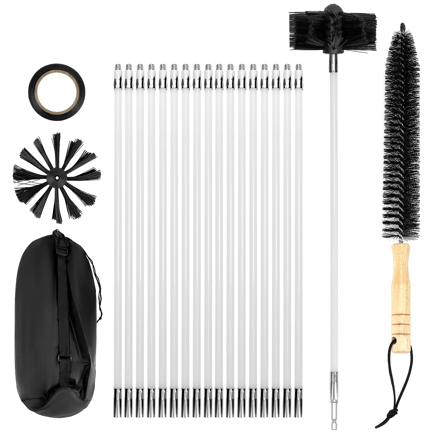 QWORK® 24 Pieces Chimney Cleaning Brush Kit Chimney Sweep Brush with Rods for Fireplace, Vent, and Range Hood Maintenance