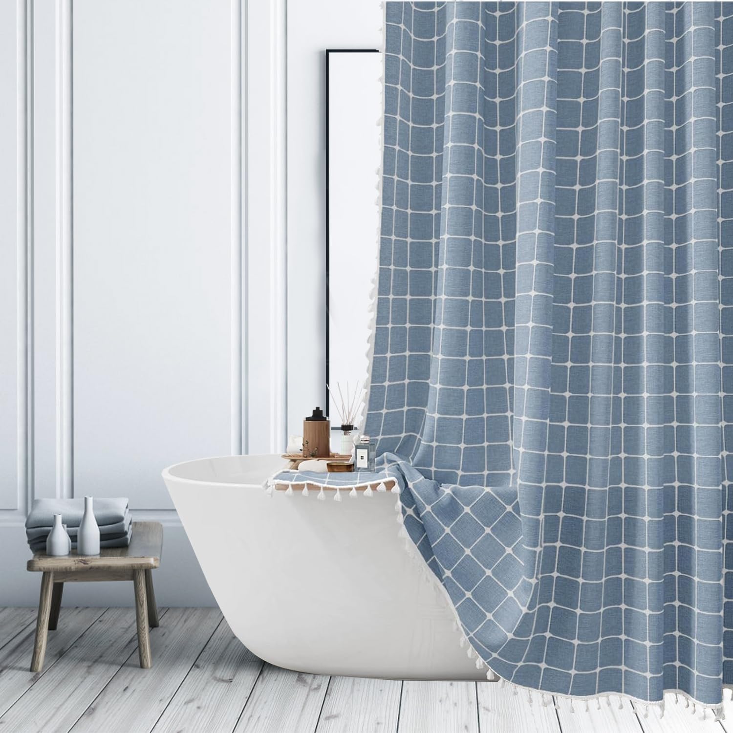 ggaimwf Boho Style Blue Shower Curtain for Bathroom Modern Farmhouse Minimalist Country Bathroom Curtains Heavy Fabric Linen Fabric Shower Curtain with Tassels 72x84 Inch