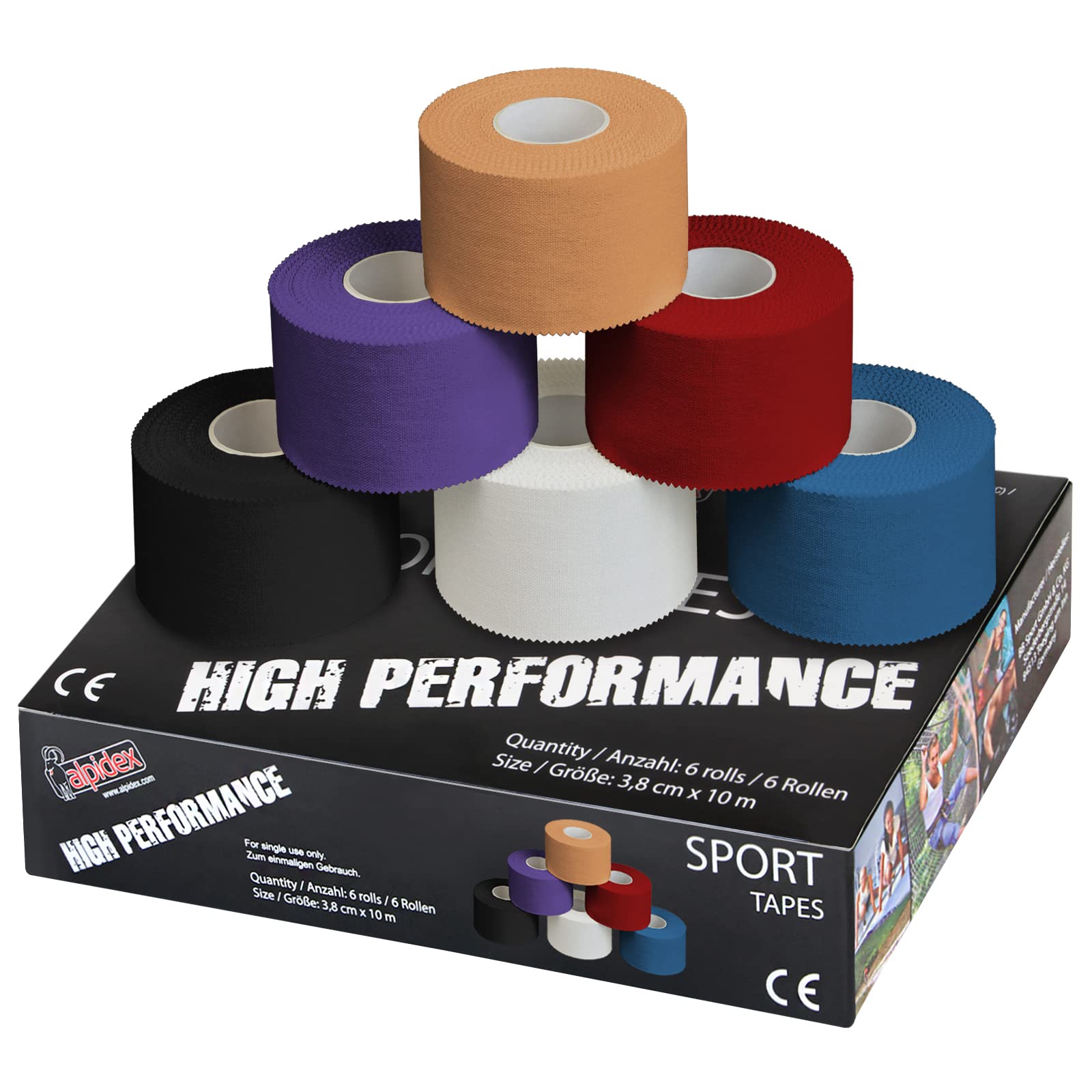 ALPIDEX 6 x Sports Tape 10 m x 3.8 cm Many Colours Zinc Oxide Finger Tape Tearable Skinfriendly Handball Football Volleyball Rugby, Colour:assorted colours