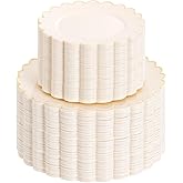supernal 100pcs Ivory Plastic Plates,Gold Scalloped Disposable Plates,Heavy Duty Plastic Plate Including 50pcs Ivory Dinner & Dessert Plate,Fancy Disposable Platos Perfect for Party,Wedding,Birthday