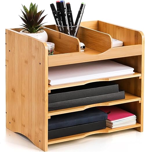 DEAYOU Bamboo Desk File Organizer, 13" Document Letter Tray Sorter with 2 Adjustable Shelves, 4 Tier Mail Organizer Countertop, Paper Storage Holder Box Cubby for Magazine, Office, Home, School