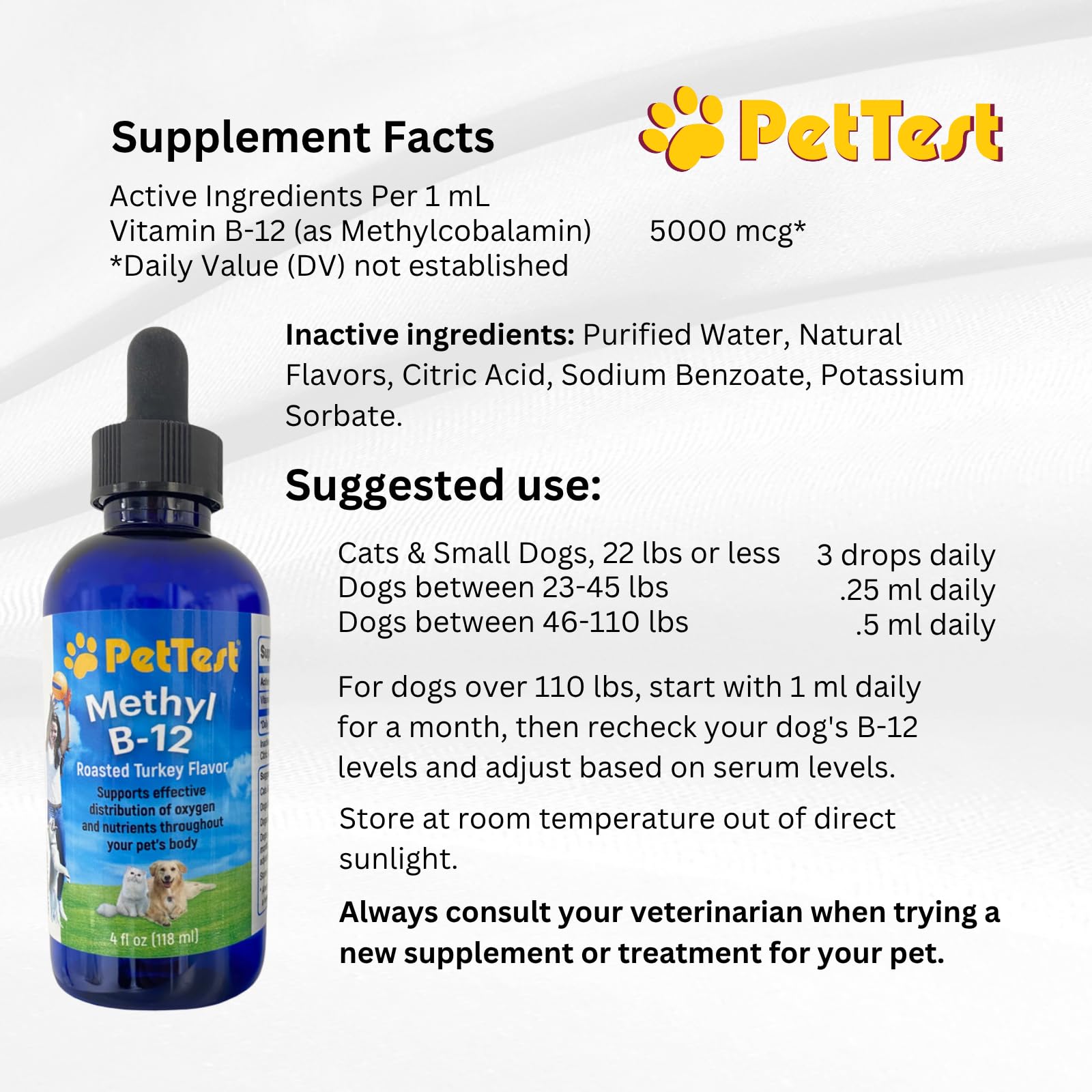 PetTest Methyl B12 Vitamin Liquid Drops 4fl oz (5000 MCG) Supplement with Methylcobalamin for Diabetic Pets, Maximum Absorption to Increase Energy for Dogs and Cats