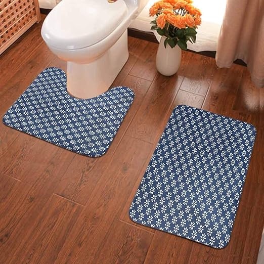 Amazon Com 2 Piece Bathroom Rug Set Bath Rug Ancient Greek House Tile Inspired Image Spring Daisy Like Fl Bath Shower Mat And U Shaped Toilet Mat Navy Blue White Home Kitchen