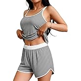 JUSTFASHIONNOW Womens Striped Tank Top Pajama Set 2 Piece Summer Cami and Shorts Pjs Set Comfy Sleeveless Sleepwear