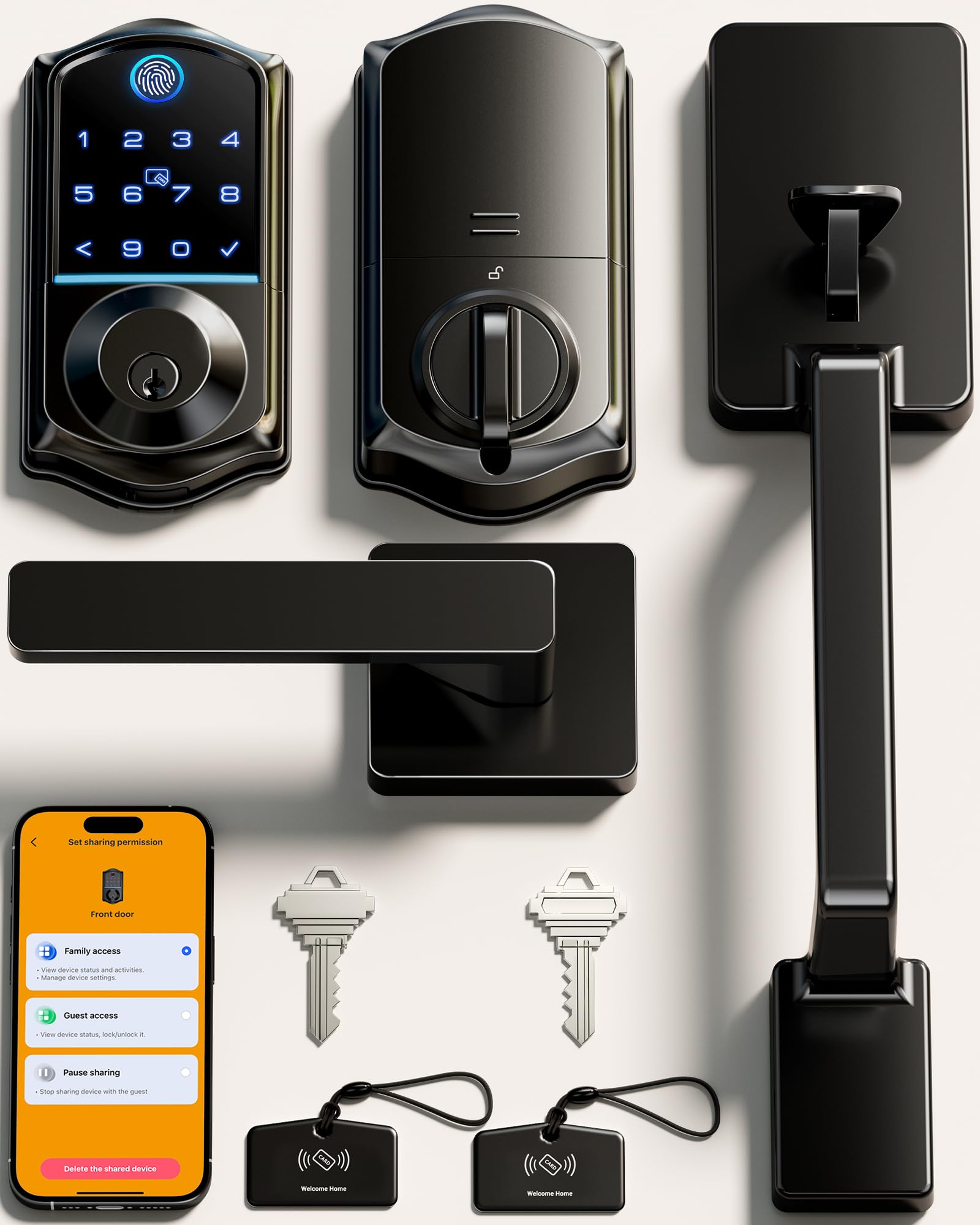 Photo 1 of Veise VE017-D Smart Fingerprint Front Door Lock Set, App Control, 8-in-1 Keyless Entry Deadbolt with Lever Handle, Touchscreen Keypad, IP55 Weatherproof, Auto Lock, Easy Install, Matte Black