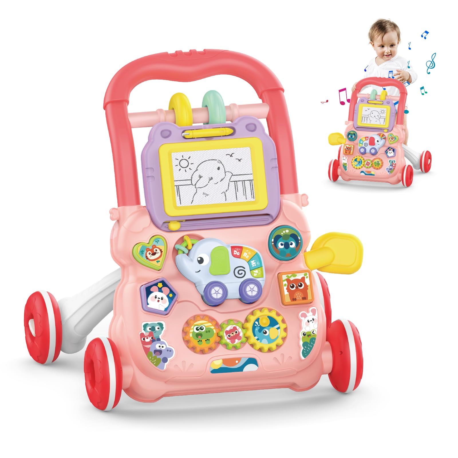 KalaDuck Sit to Stand Baby Walker, Baby Push Along Toys with Music and Drawing Board, Early Educational Activity Centres Babies Learning Toys, Baby Walkers for Boys Girls from 6 Months (Pink) — image 1