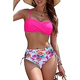 SHEKINI Women's Bikini Sets Two Piece Twist Front Strapless Bandeau Bikini Swimsuit Printed Bathing Suit with Side Tie