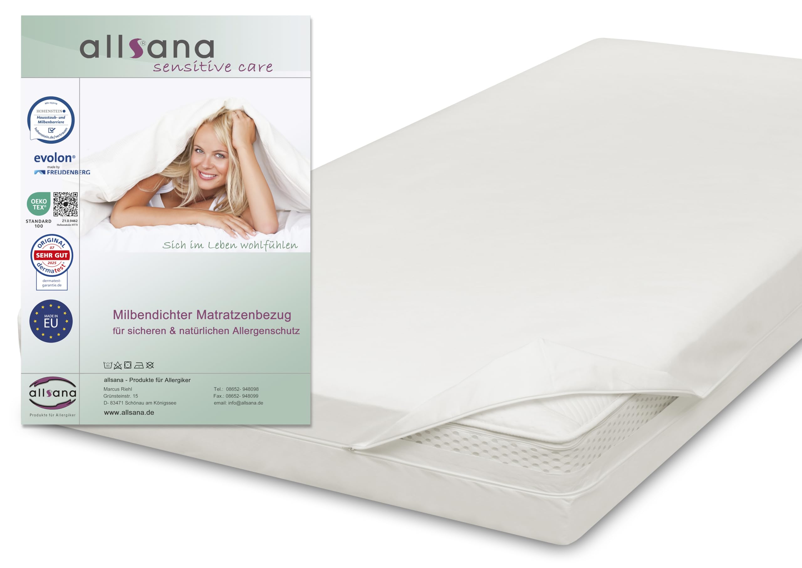Allsana Allergy Sufferers Mattress Cover 140 x 200 x 20 cm | Allergy Bed Linen | Anti Mite Encasing | Mite Protection for House Dust Allergy Sufferers | Intermediate Cover for Mattress | Hohenstein