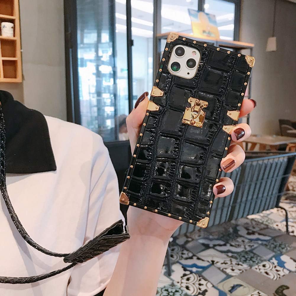 YonMeet Square Leather Case for iPhone 11 Pro Max with Strap Luxury Crocodile Skin Vintage Chic Stylish Cover Slim Flexible Shockproof Trunk Back Shell (Black, iPhone 11 Pro Max)