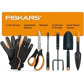 Fiskars 6-Piece Vegetable Gardening Essentials Tool Set w/Garden Shears | Includes Rust-Resistant Steel Trowel, Cultivator &amp; Weeder, Serrated Stainless Steel Shears, 4-in-1 Seed Sower, &amp; L/XL Gloves