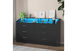 Gyfimoie 6 Drawers Dresser with Power Outlet, Chest of Drawers with LED Light, Modern Dresser with Open Storage Cubby, Double Wide Dresser Organizer for Bedroom, Living Room, Entryway, Hallway (Black)