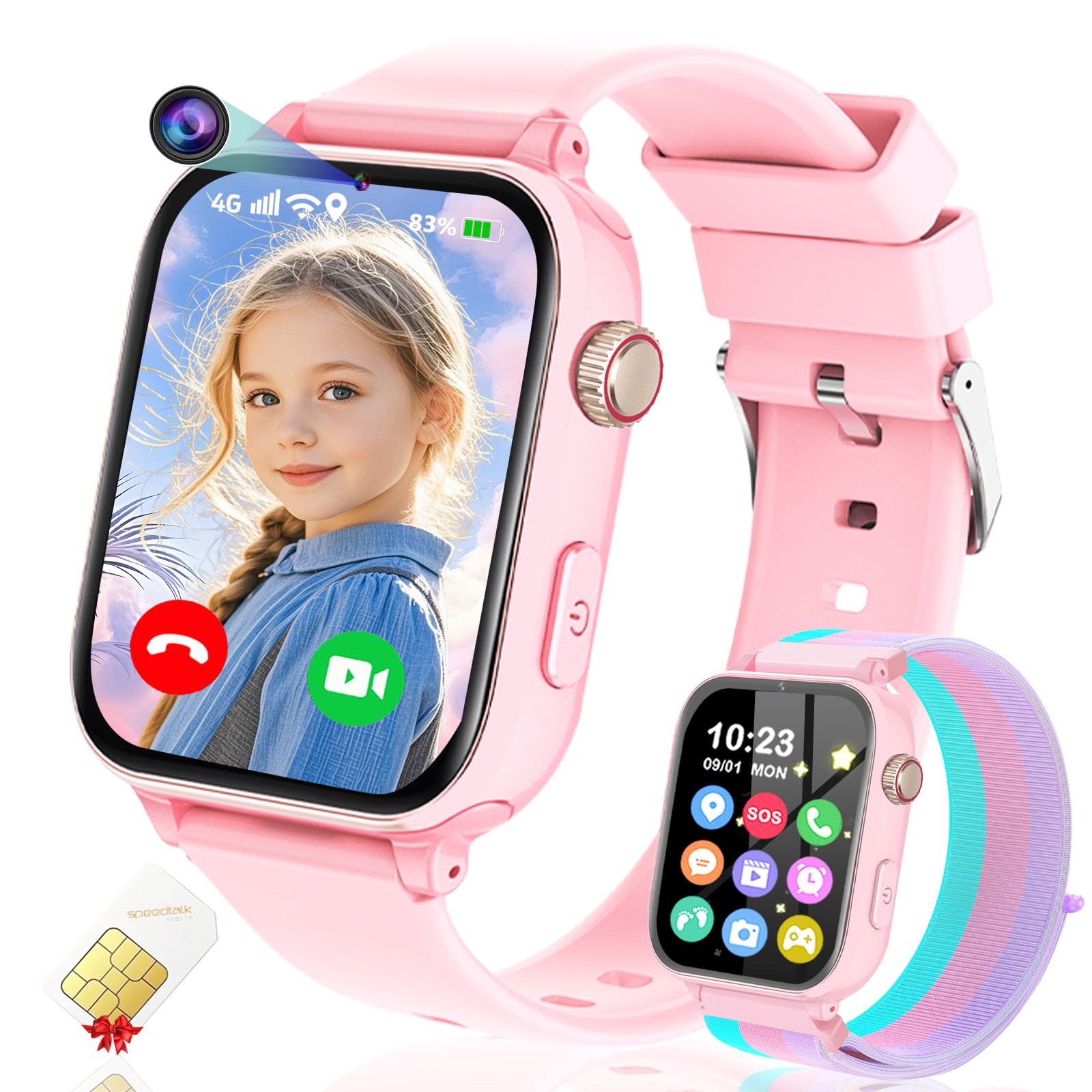 Photo 1 of 4G Kids Smart Watch GPS Tracker, Smartwatch for Kid with Video Calling, Voice Chat, Class Mode, SOS , Pedometer, Alarm, Games, SIM Card HD Touch Screen Phone Watch Gift for 4-12 Girls Boys, Pink