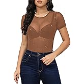 Allchic Glitter Sheer Mesh Tops for Women Short Sleeve Blouses Club T Shirts