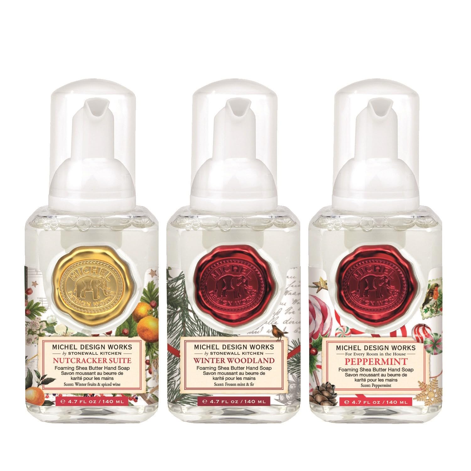 Michel Design Works Mini Foaming Scented Hand Soap Christmas Set of 3 x 140ml Winter Woodland, Nutcracker Suite, Peppermint