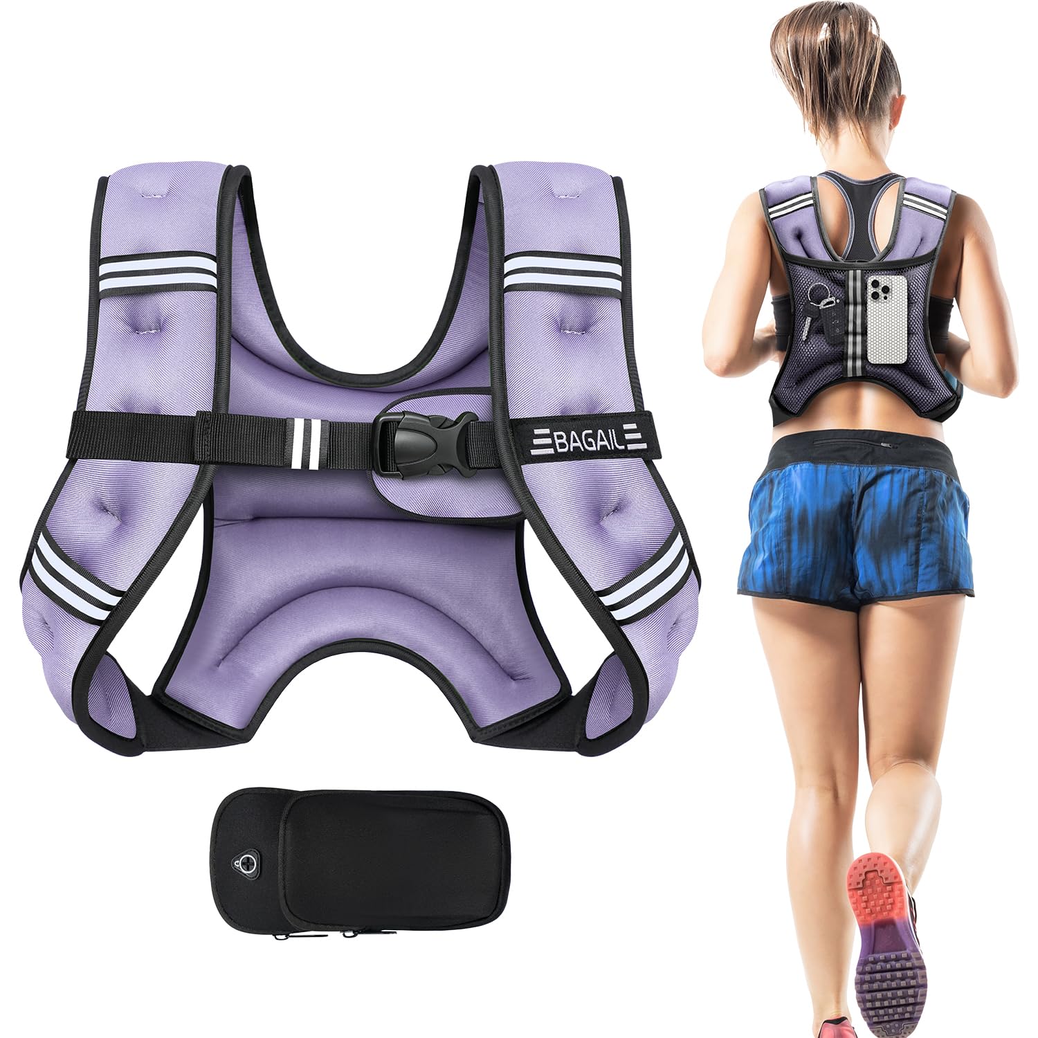 BAGAIL Weighted Vest, 5lbs/8lbs/10lbs/12lbs/15lbs/20lbs/25lbs/30lbs Weight Vest with Detachable Phone Pouch, Rucking Vest for Women, Men, Walking, Weight Loss, Training, Running Image BAGAIL Weighted Vest, 5lbs/8lbs/10lbs/12lbs/15lbs/20lbs/25lbs/30lbs Weight Vest with Detachable Phone Pouch, Rucking Vest for Women, Men, Walking, Weight Loss, Training, Running Image