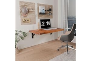 IAE Wall Mounted Folding Table with Pine Wood,24" x 14" Floating Wall Desk,Laundry Folding Table with Shelf Brackets,Fold Down Desk Shelf,Folding Workbench for Home,Dining,Laundry Room,Kitchen,Teak