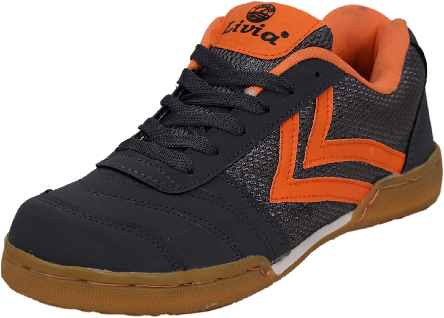 Livia Akron Light Grey & Orange Professional Game Badminton Shoe For Men, Boys, Women, Girls & Junior Upper PU Material Non Marking Sole Outdoor Indoor Playing - Best in Badminton & Other Games Basketball, Volleyball, Running, Gymnastic, Jogging, Walking & Weight Lifting Sports Shoe