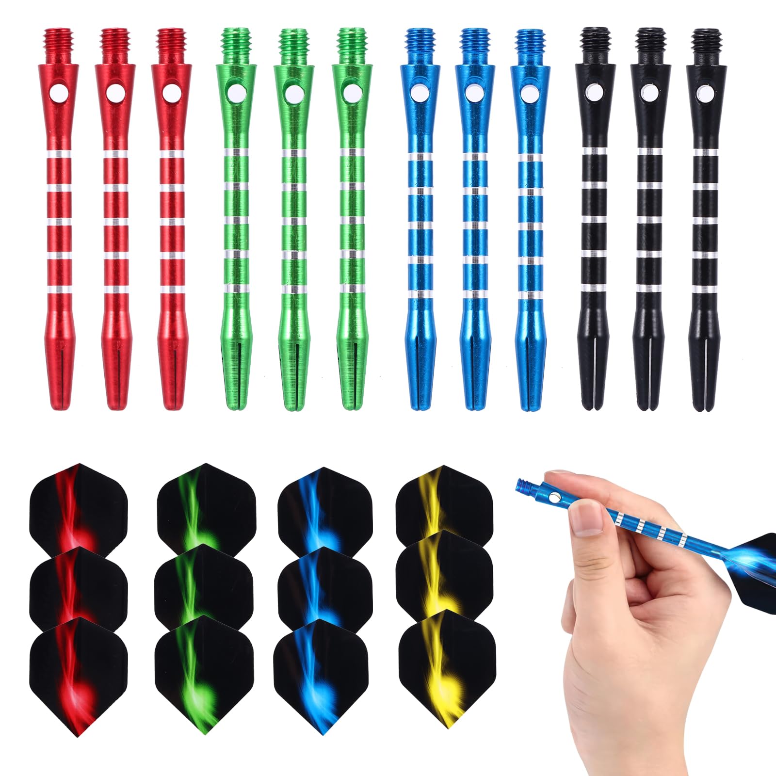OUZHOU Dart Flights and Stems, 24pcs Darts Shafts Medium Dart Shafts, Universal Durable Metal Darts Flights and Stems, Assorted Dart Accessories Kit, Universal Metal Dart Stems Dart Flights