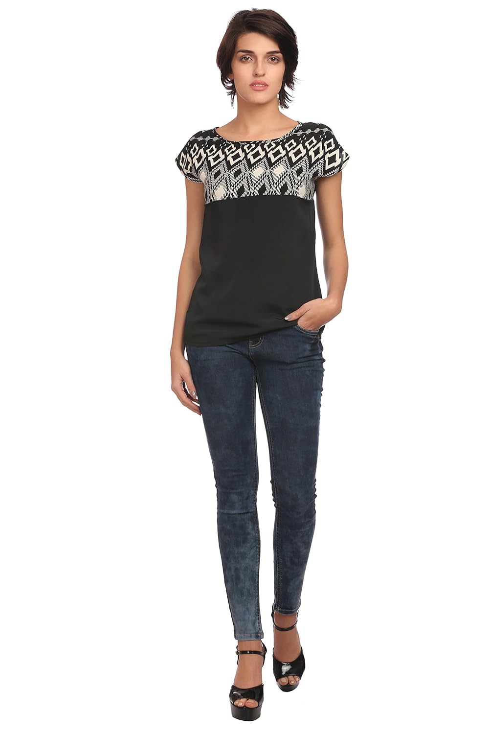 rosecaido casual cap sleeve printed women's multicolor top