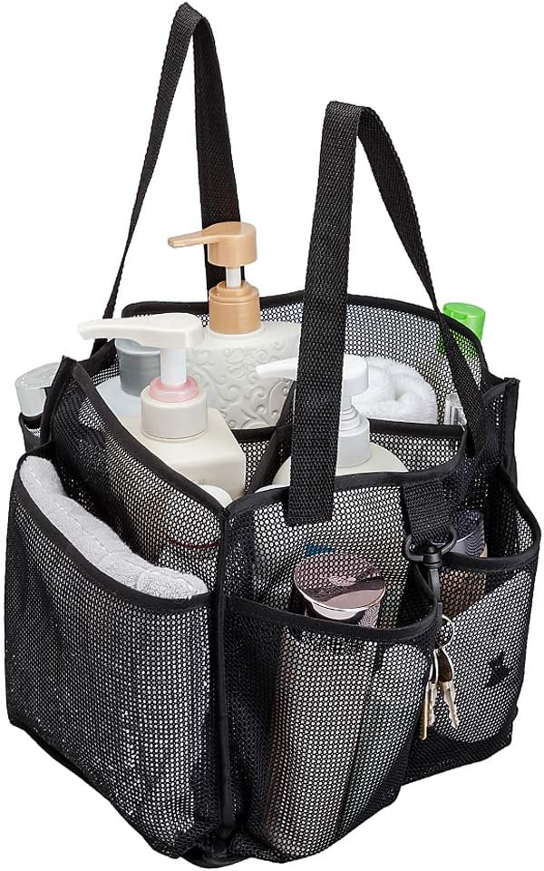 ALYERMesh Shower Caddy Basket,Large Shower Bag Tote,Hanging Bath Toiletry Organizer with 1 Big Separated Inner Compartment and 6 Deep Outer Pockets (Black)