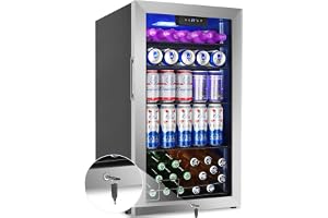 Beverage Refrigerator Mini Fridge 128can Stainless Glass Door Lock Home | 36dB Quiet Reversible Door,Digital Thermostat 34-64