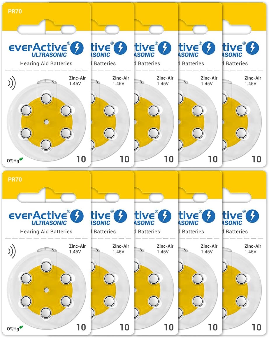 everActive 10, 60 Pack, Hearing Aid Batteries, High Performance, Zinc Air Batteries, 10 Blister Cards, 4 Year Shelf Life