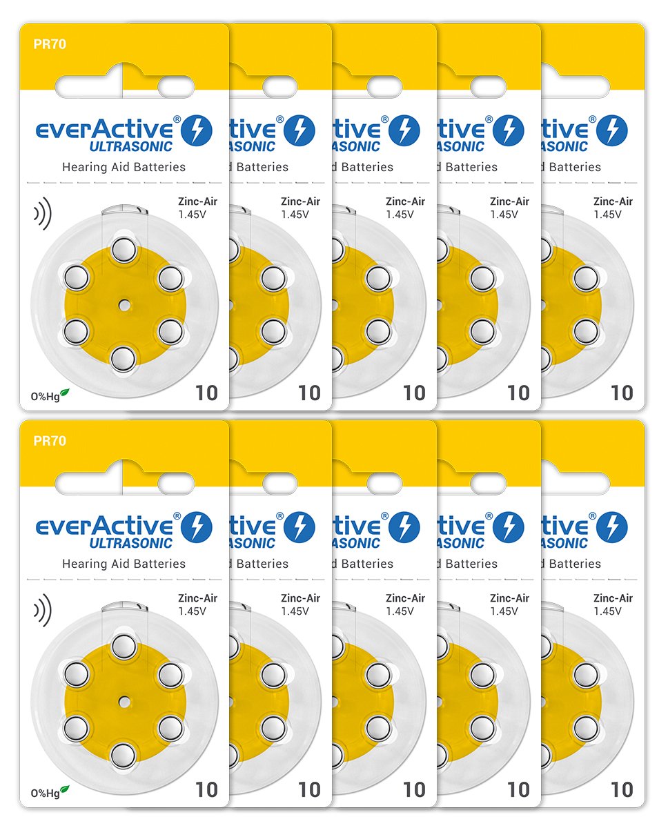 everActive 10, 60 Pack, Hearing Aid Batteries, High Performance, Zinc Air Batteries, 10 Blister Cards, 4 Year Shelf Life, Yellow, Ultrasonic PR70