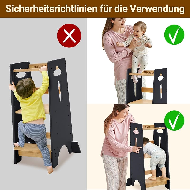 Lernturm ab 1 Jahr - Höhenverstellbarer Learning Tower für Kinder (3-stufig) - Montessori mit Kippschutz & Massivholz (Dunkelgrau und Holz)