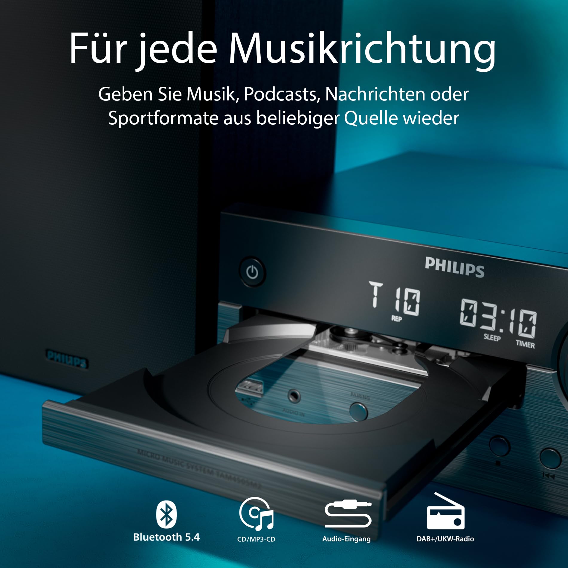 Philips TAM4555 Mikro-Hi-Fi-Anlage – 100 W, Bassreflex, DAB+/UKW, CD, USB, Audio-Eingang, Bluetooth 5.4, Auracast, Fernbedienung, digitale Soundvoreinstellungen, umweltfreundliche Verpackung 5