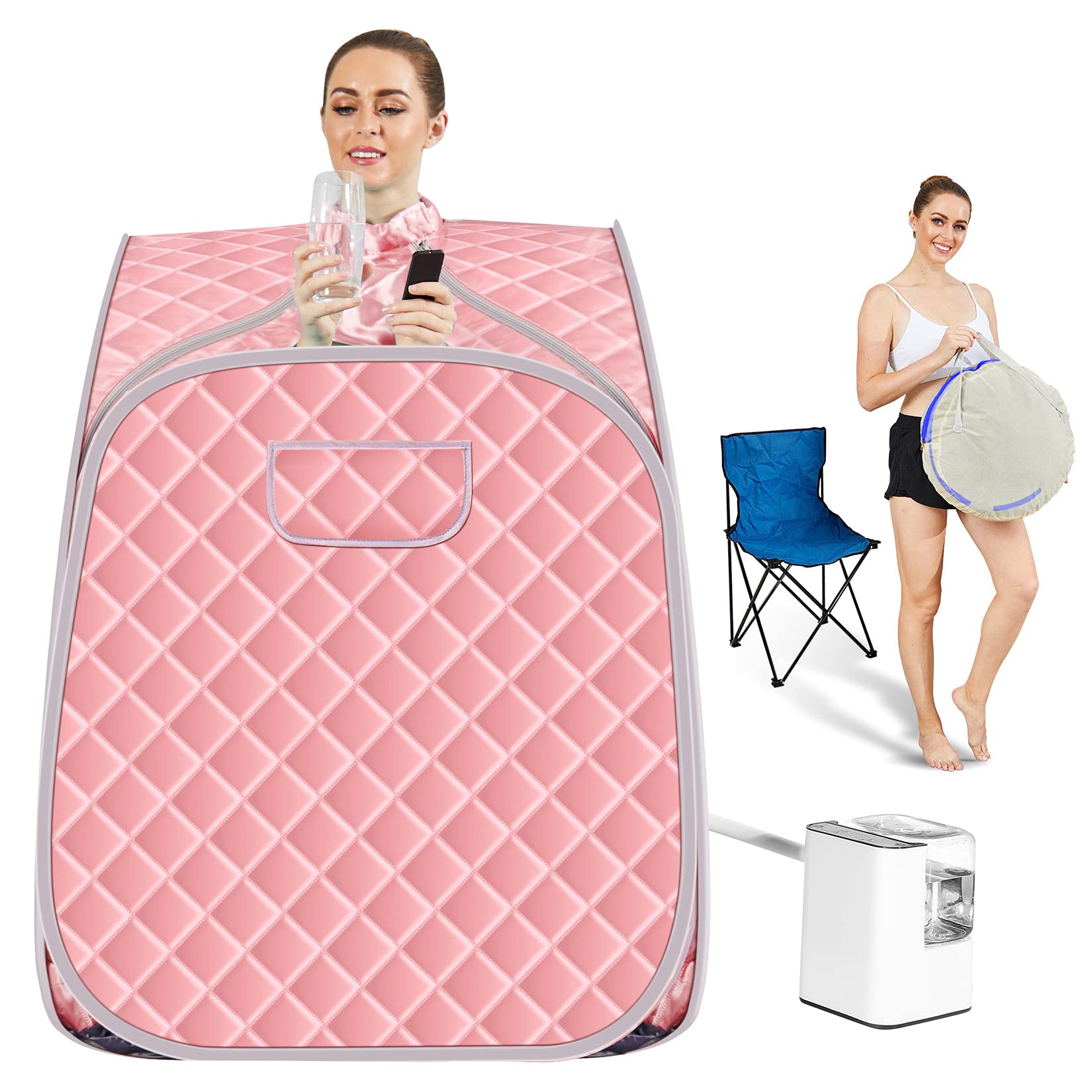 Hicient Steam Sauna Individual Home Spa-Indoor Portable Sauna Set Includes a Foot Pad,Remote Control, Folding Canvas Chair, Precise Timer (31.5 X 31.5 X 40.6 inch, Pink)