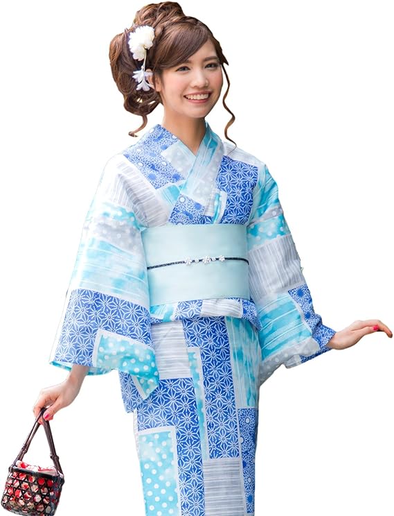 Amazon 浴衣 女 セット 白地にブルー系小紋寄せ 高級変わり織り浴衣3点セット レディース 帯 下駄 浴衣 通販