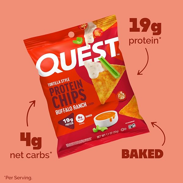 QUEST NUTRITION TORTILLA STYLE PROTEIN CHIPS, BUFFALO RANCH, 19G OF PROTEIN, 4G NET CARBS, GLUTEN FREE PROTEIN SNACK, 1.1 OUNCE (PACK OF 12)